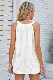 White eyelet halter tank top with gathered neckline and boho detail