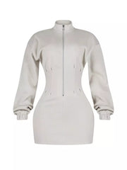 Casual Zip-up Long Sleeve Mini Dress in Off-white, fit detail