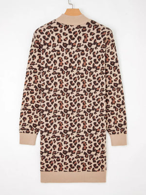 Leopard print ribbed high neck sweater dress with long sleeves and a beige knit trim.