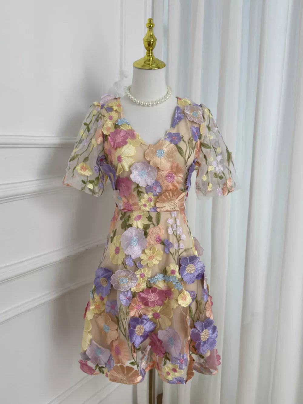Floral Embroidery V-neck Mini Dress