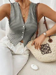 Chic striped knit v-neck tank top with button front, shown in a grey and white stripe.