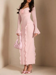 Floral Appliqué Ruffled Maxi Gown