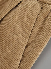 Khaki corduroy pants with subtle pleats and visible stitching detail.