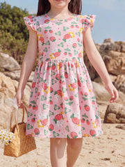 Children's Strawberry Print Ruffle Sleeve Dress, front view
