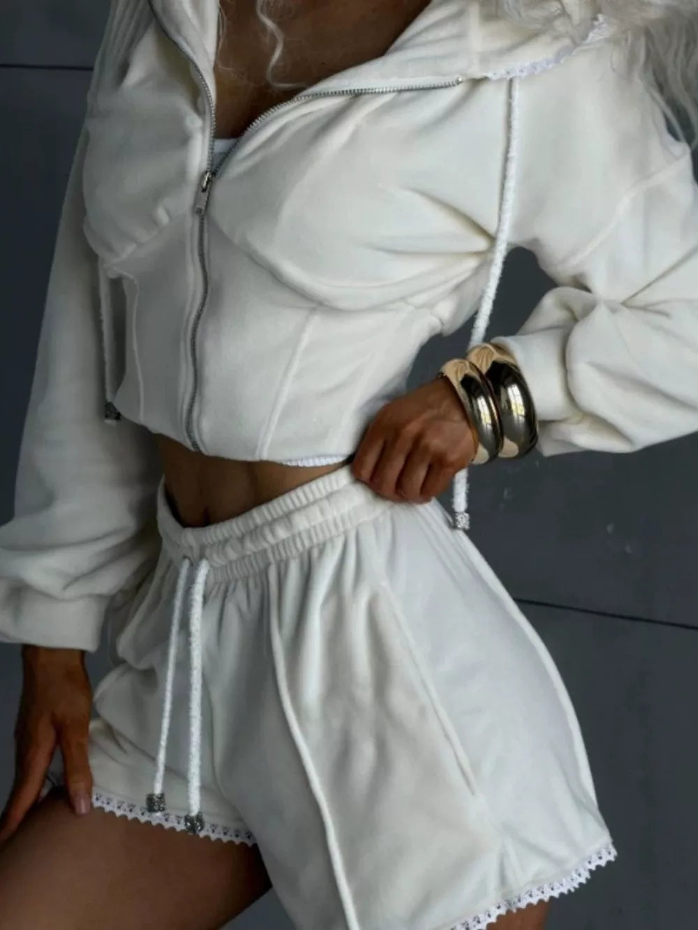 Zip Up Hooded Outerwear And Shorts Set, editorial view