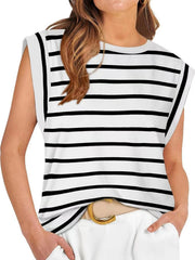 Classic black and white striped sleeveless tank top with crew neck and padded shoulders.