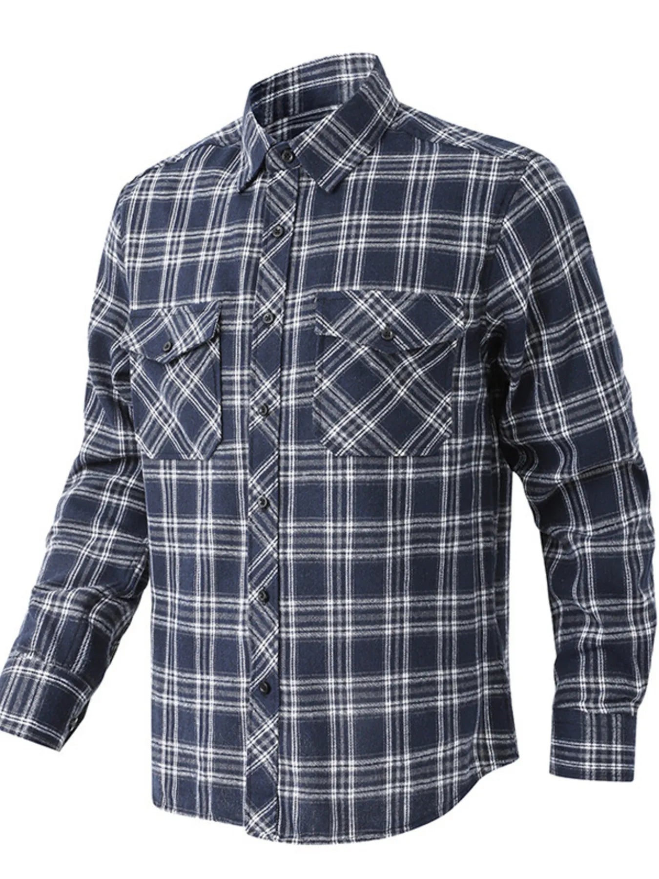 Men's navy blue plaid button-up shirt with two chest pockets.