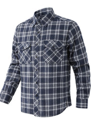 Men's navy blue plaid button-up shirt with two chest pockets.