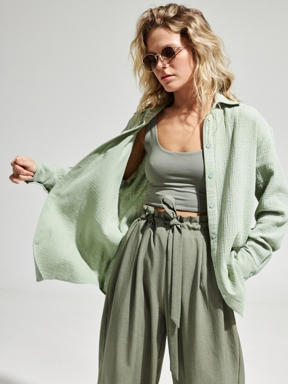 Light Green textured cotton overshirt with relaxed fit, open collar, and button front.