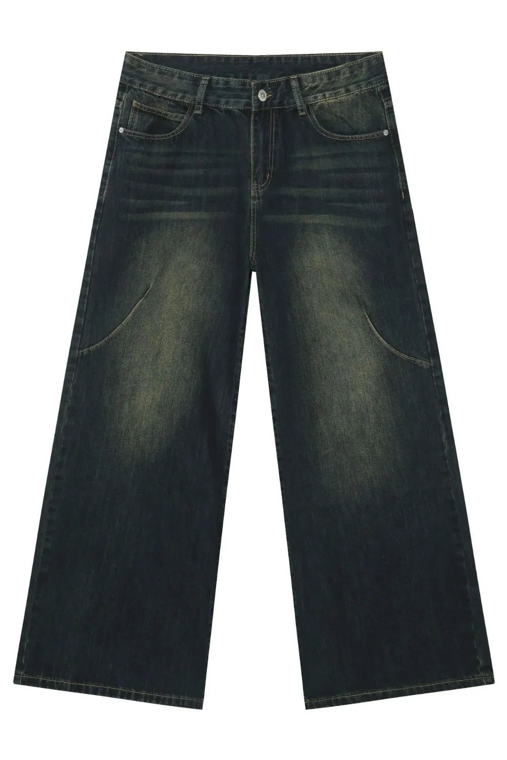 Faded wash palazzo jeans in dark denim with a wide leg and distressed details.