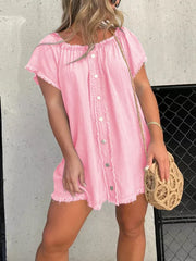 Frayed hem off-shoulder denim dress in black, a-line, button-front.