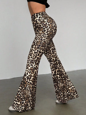 Leopard print high-waist flare pants with a comfortable fit.