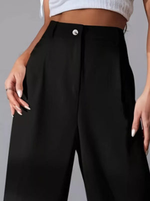 Black high-waisted pleated wide-leg maternity trousers with button detail