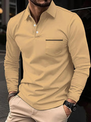 Khaki long-sleeve polo shirt with a chest pocket featuring a black trim detail.