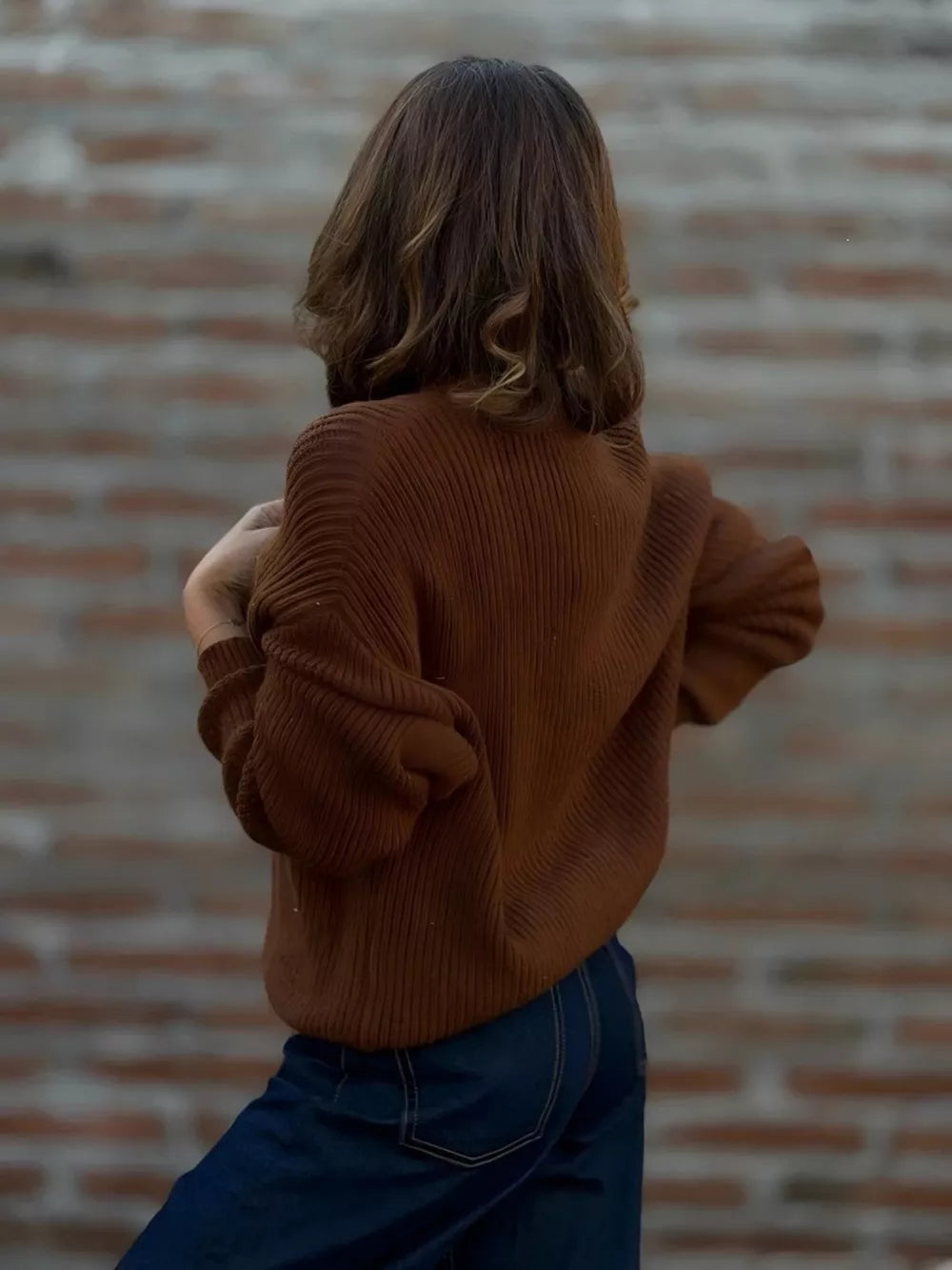 Full Size V-neck Button-up Knit Cardigan Plus Size in Deep Red, back view