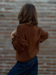 Full Size V-neck Button-up Knit Cardigan Plus Size in Deep Red, back view