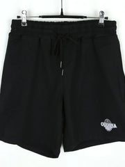 Black jersey shorts with drawstring waist and Olympia logo detail.