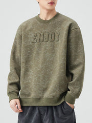 Men's Army Green long-sleeve sweatshirt with embossed "ENJOY" graphic and marbled pattern.