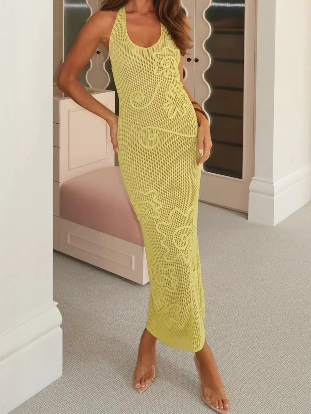 Halter Neck Crochet Maxi Dress in Yellow, alternate angle