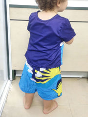 Toddler blue dinosaur graphic tee and shorts set with a round neckline and short sleeves.