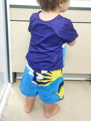 Toddler blue dinosaur graphic tee and shorts set with a round neckline and short sleeves.