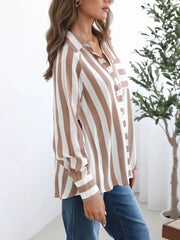 Maternity shirt with brown and white stripes, button-front, chest pocket, and collared neckline.