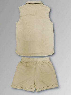 Apricot casual vest and shorts ensemble with elastic waistband and cuffed hems.
