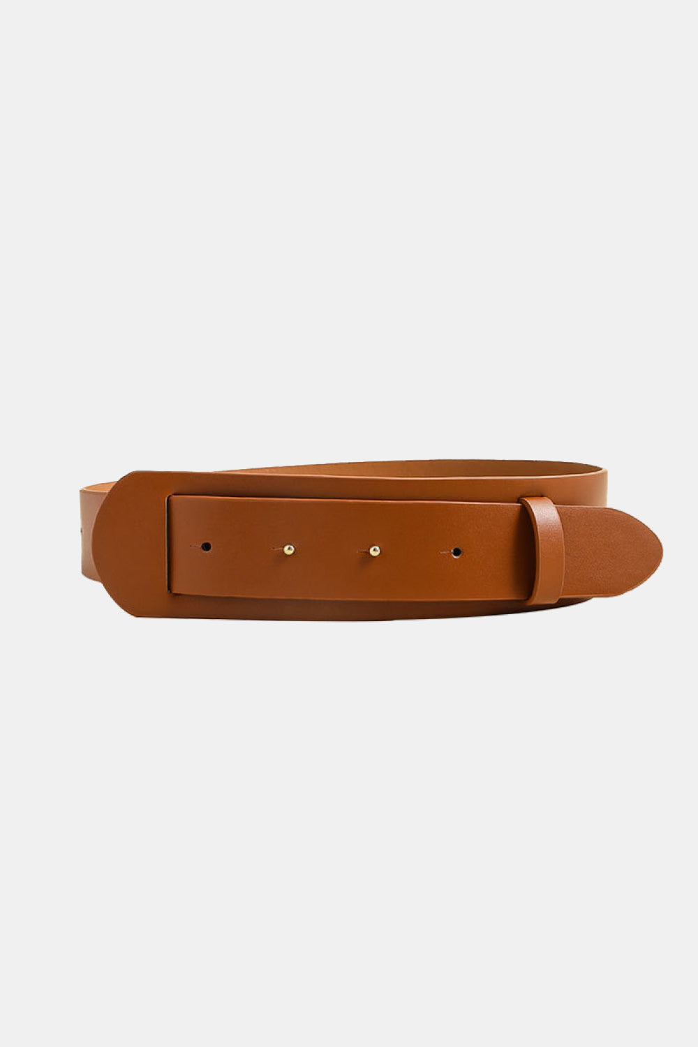 Sculpted leather waist belt in caramel with adjustable buckle closure.