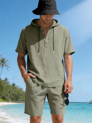 Men's linen blend hooded top and shorts set in Army Green.