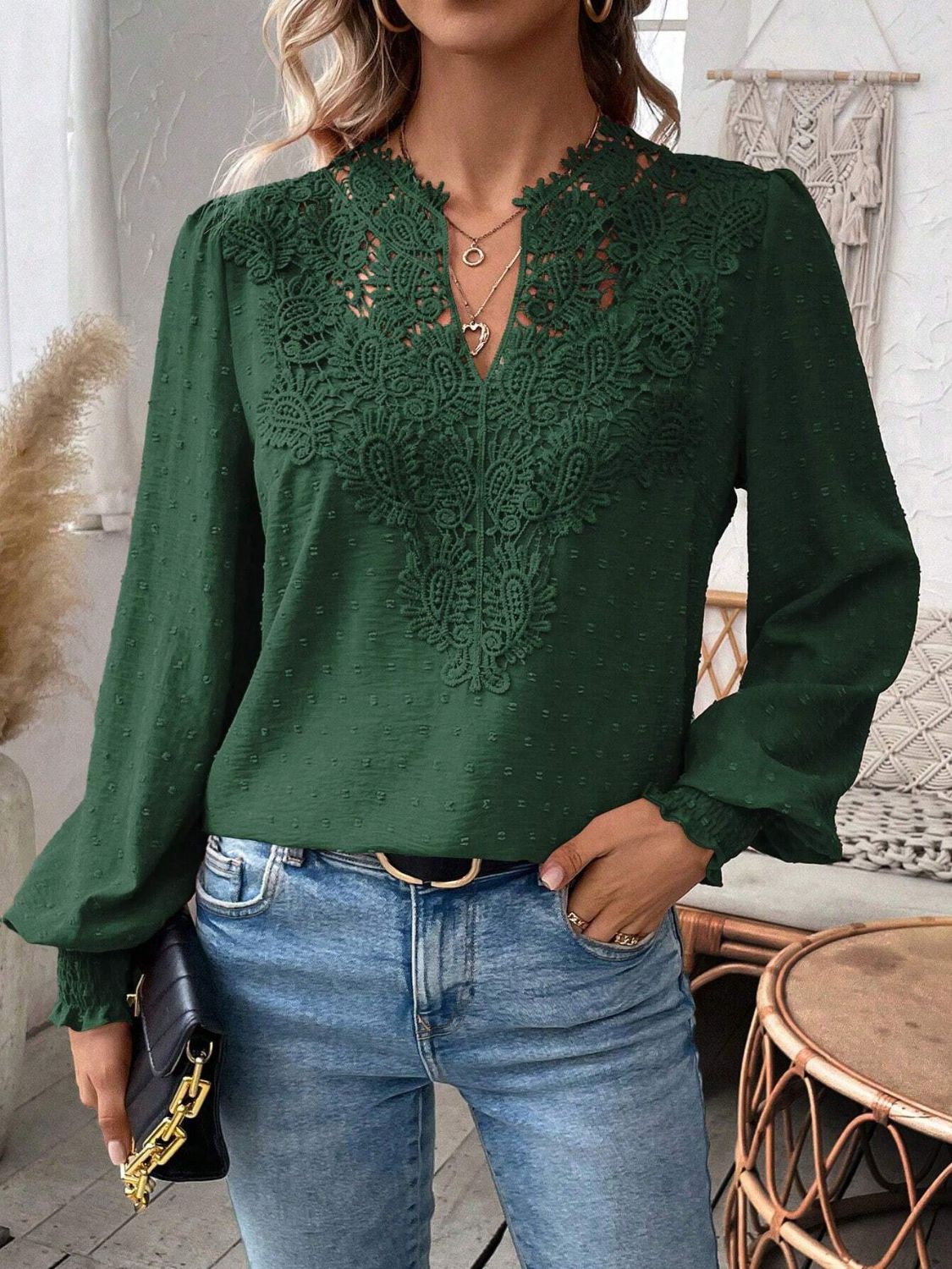Dark green blouse with embroidered yoke and puff sleeves
