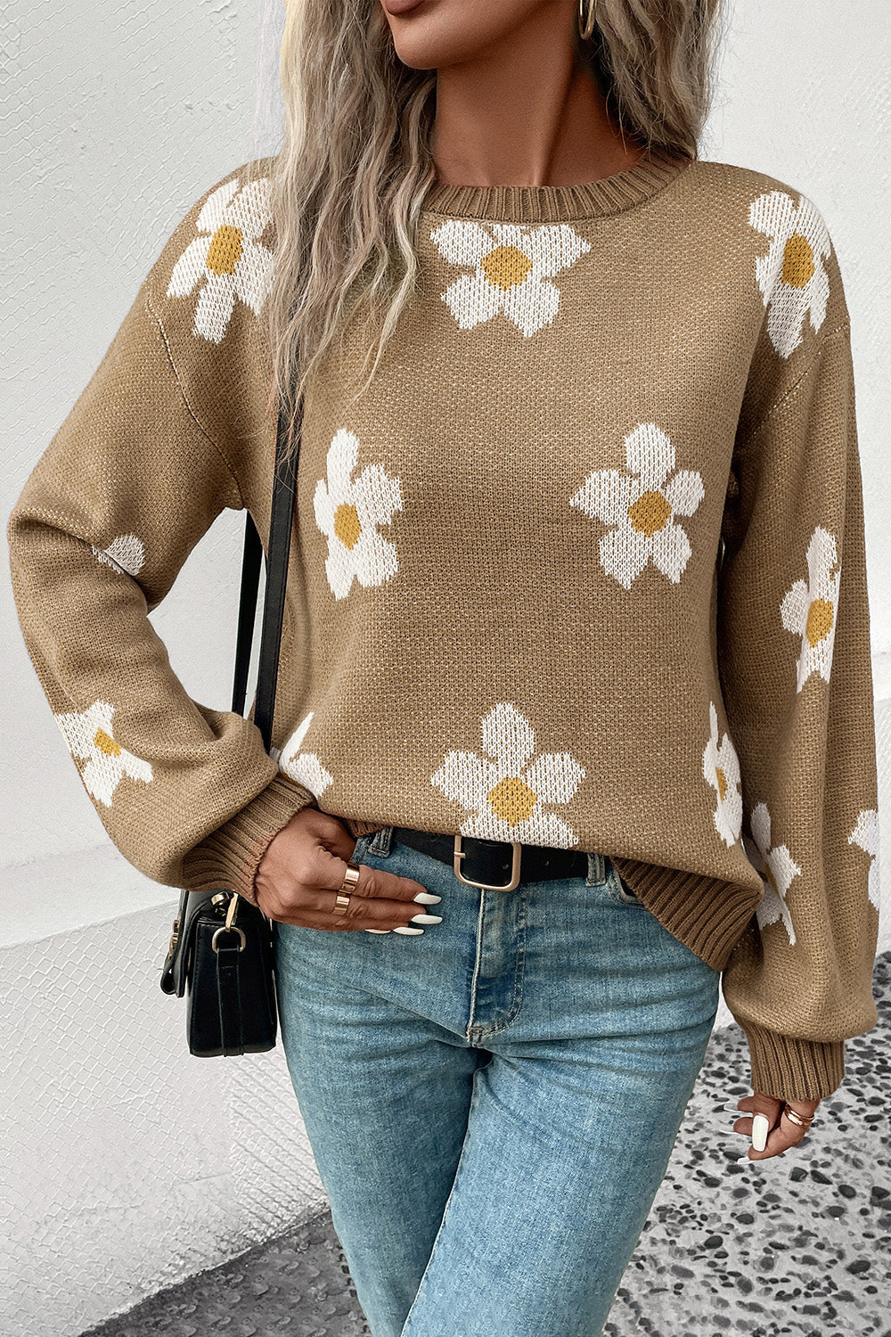Khaki acrylic sweater with white daisy print and balloon sleeves.
