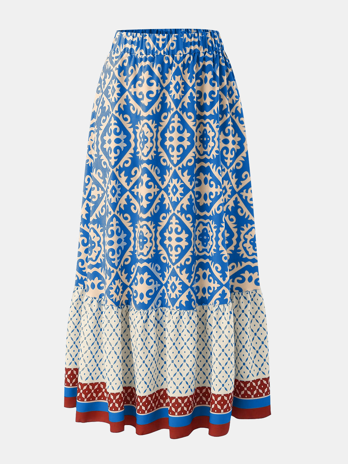 Tiered maxi skirt in blue with medallion print and elastic waist