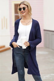 Dark blue open-front maxi knit cardigan with textured acrylic fabric and wide sleeves.