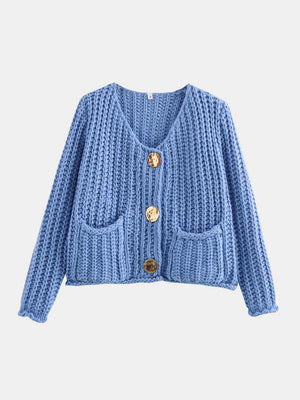 Chunky knit V-neck cardigan in light blue with statement buttons and patch pockets.