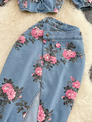 Denim cami and skirt set with pink floral print and sweetheart neckline.