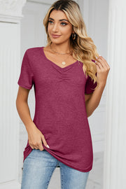 Ruched V-neck jersey tee in dark pink with short sleeves.