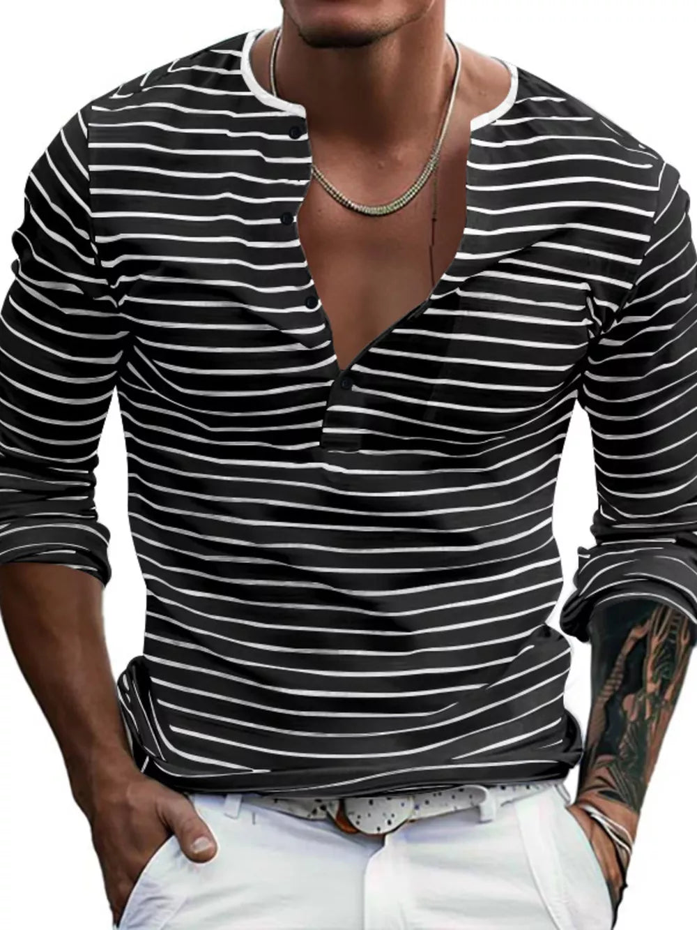 Men's Full Size Striped Long Sleeve Henley T-shirt in White, front view