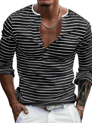 Men's Full Size Striped Long Sleeve Henley T-shirt in White, front view