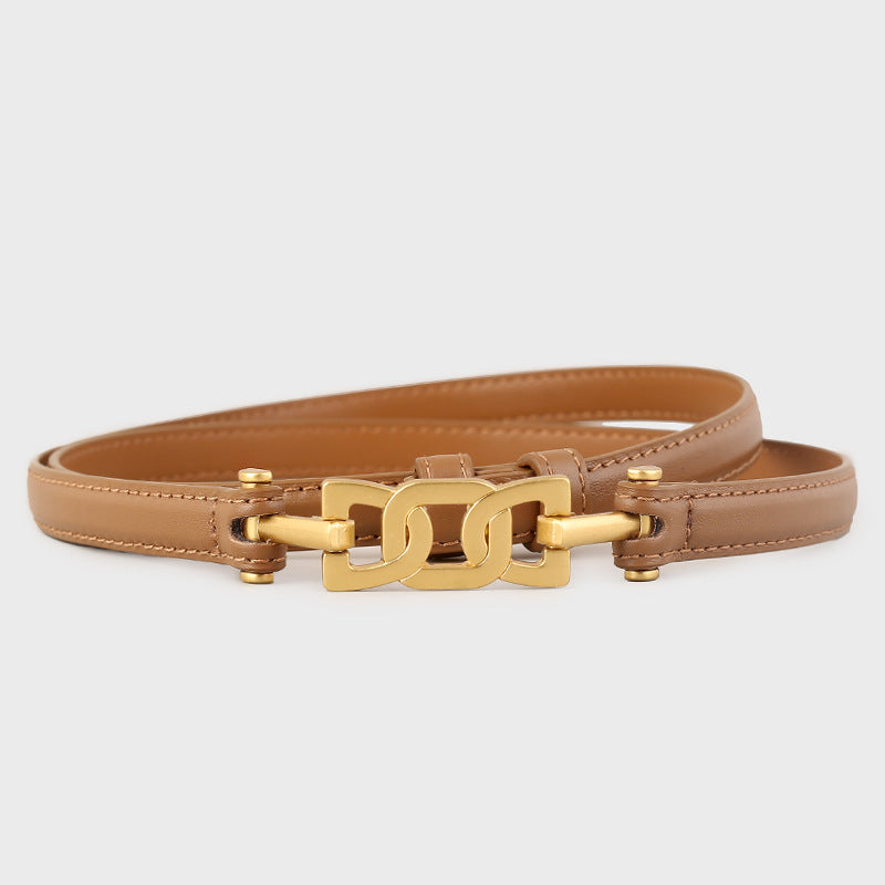 Caramel leather belt with brushed gold chain-link buckle detail