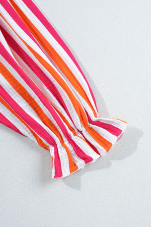 Textured stripe blouse in red with gathered, ruffled sleeve detail.