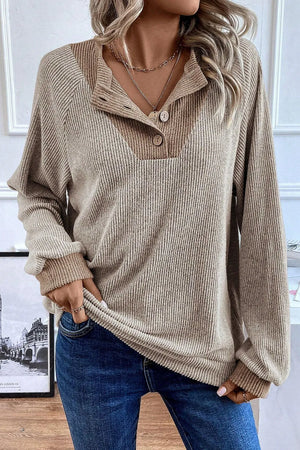 Ribbed henley shirt in mocha with contrast collar and button detail.