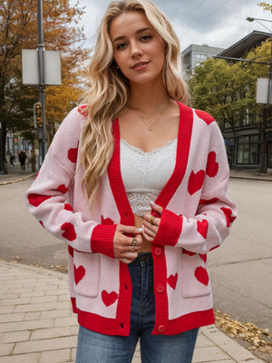 Love Letter Intarsia Knit Cardigan in Blush Pink with red hearts and trim, buttoned front, acrylic.
