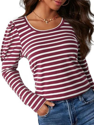 Burgundy and white striped long sleeve tee with puff sleeves and a scoop neck.