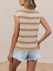 Ribbed striped knit top with round neck in tan and brown, short sleeves, casual women's sweater vest.