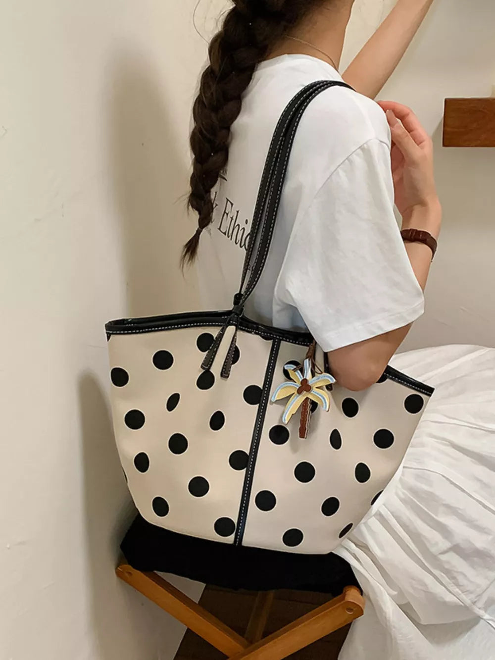 Polka Dot Shoulder Bag in White, front view