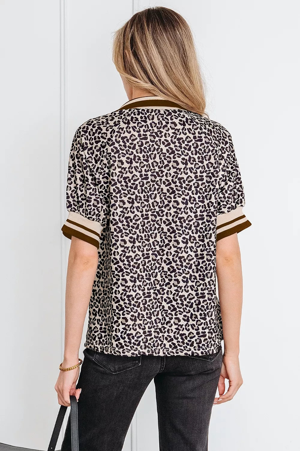 Gingham Striped Patchwork Half Zip Blouse in Coffee Brown, side view