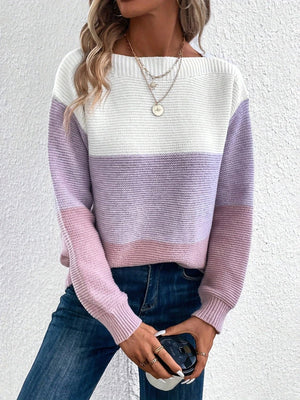 Colorblock boatneck ribbed knit sweater in white, lavender, and pink.