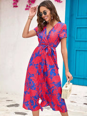 Floral Surplice Midi Dress With Tie Waist