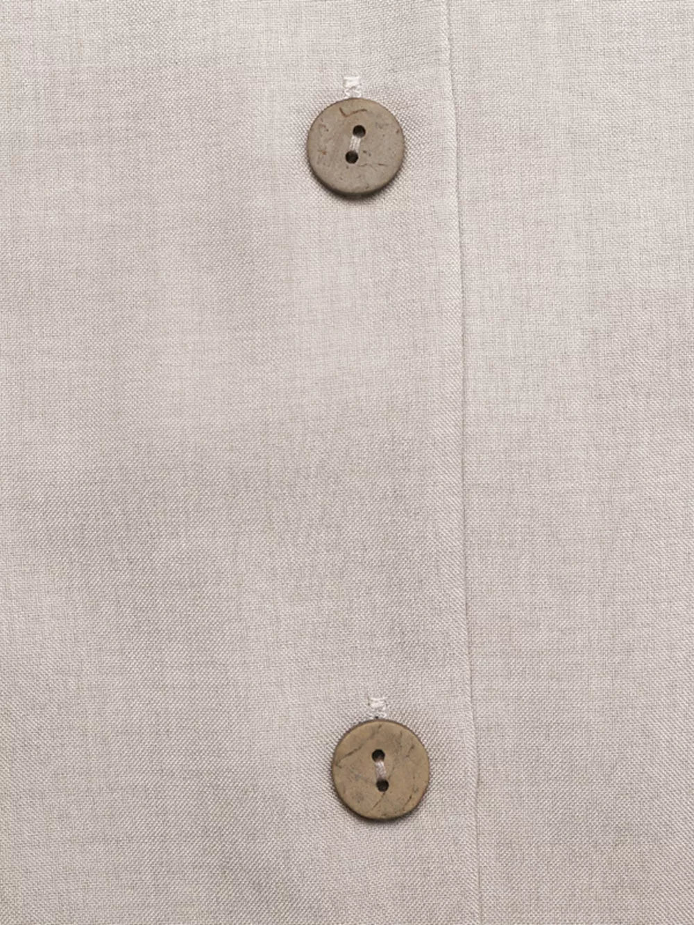 Midi dress in light beige with button-down front and natural wood buttons.