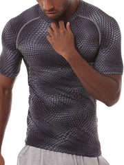 Men's dark gray snake print compression t-shirt with short sleeves and crew neck.